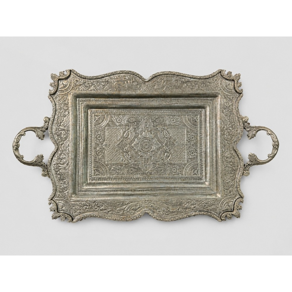Vintage Ornate Silver Tone Serving Tray Embossed Floral Handles Footed Persian